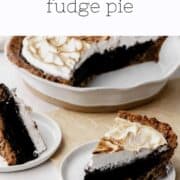 A piece of S'mores Fudge Pie on a white plate with remaining pie in pie plate in the back.