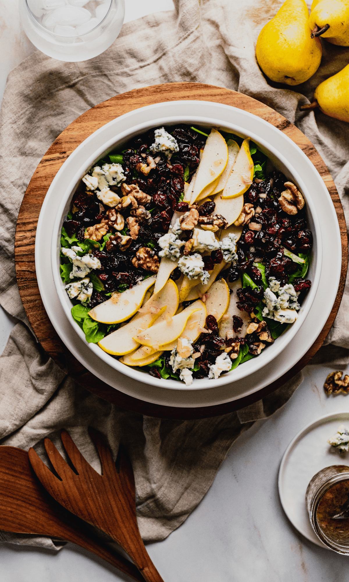 Overhead shot of Pear, Blue Cheese and Toasted Walnut Salad.