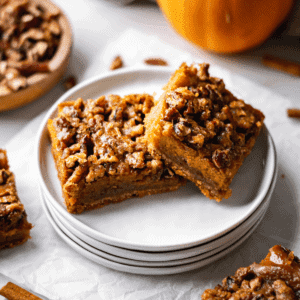 Two Pecan Pumpkin Pie Bars on a stack of small white plates.