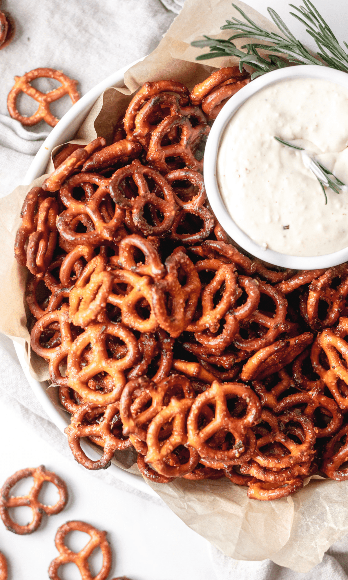 Overhead shot of pretzels with dipping sauce.