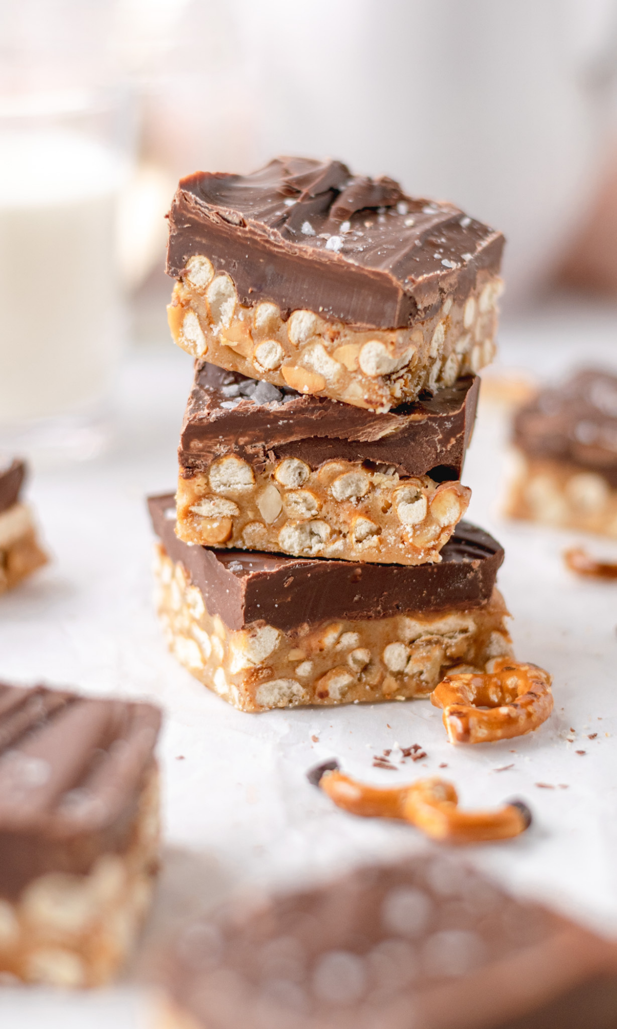 A stack of three Salted Pretzel Scotcheroos.