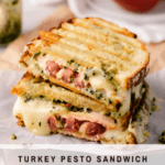 Turkey Pesto Sandwich halved and stacked.