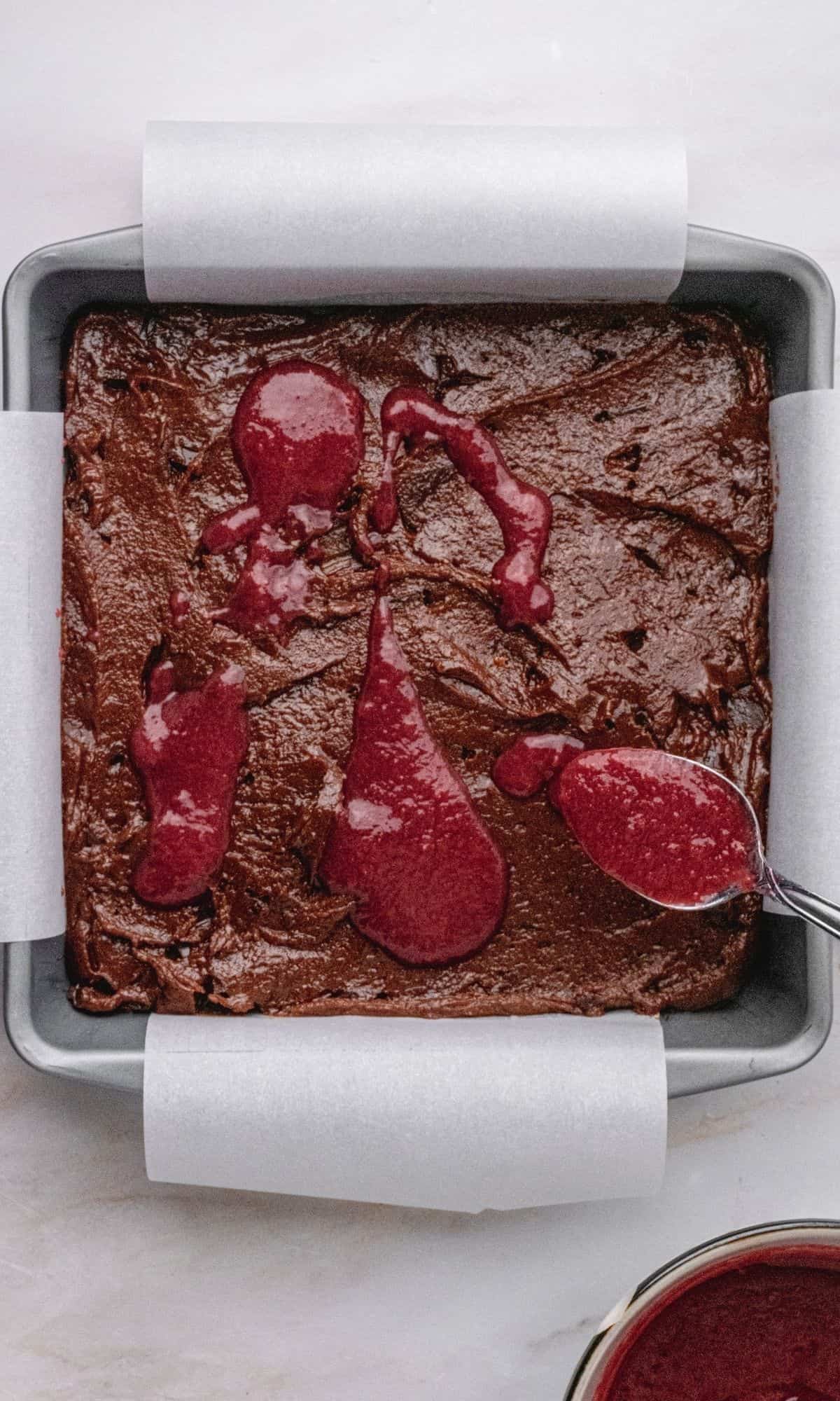 Chocolate raspberry brownies preparation.