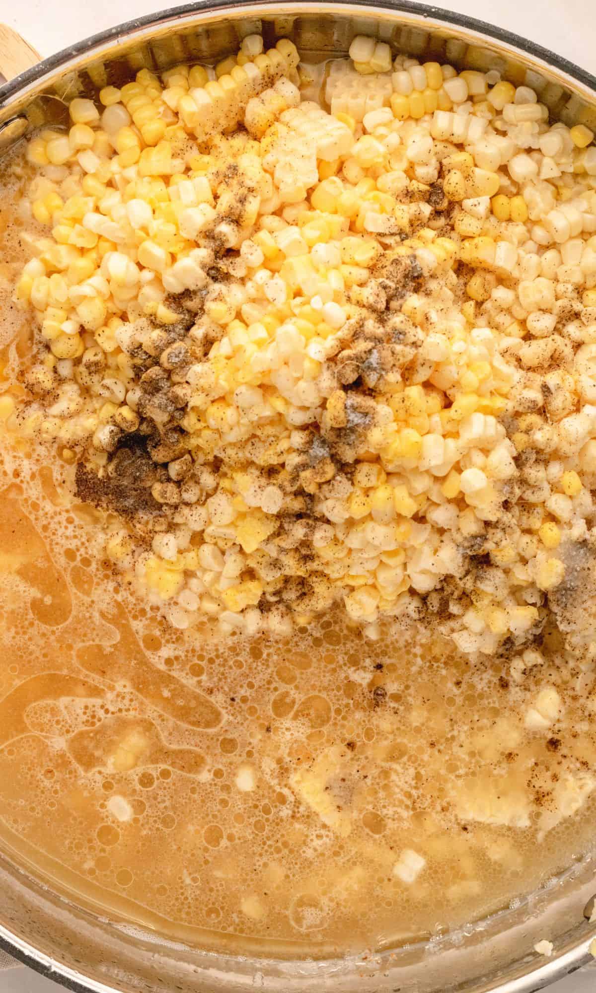 Creamy skillet corn preparation in a skillet.