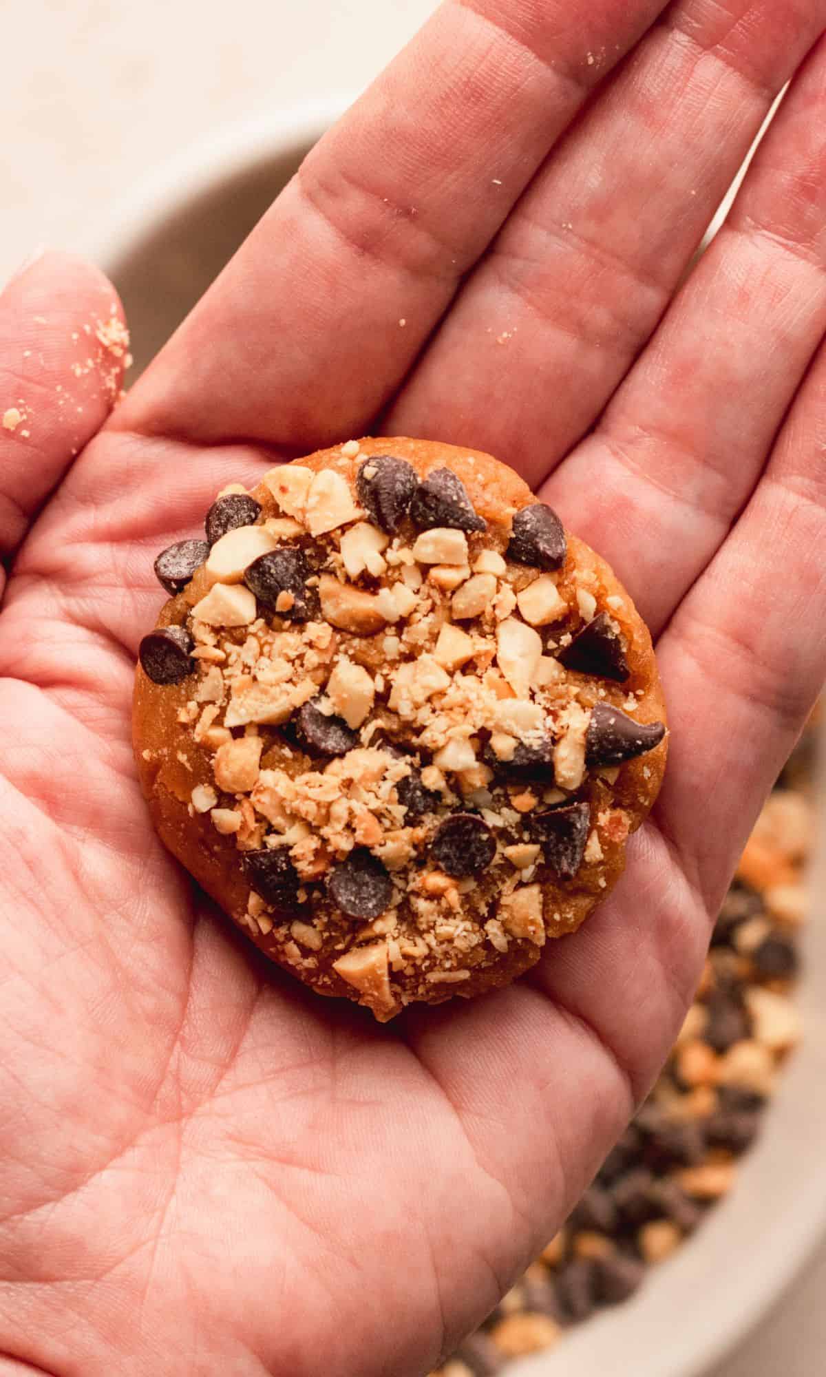 A prepped peanut butter chocolate chip cookie dough ball in a hand.