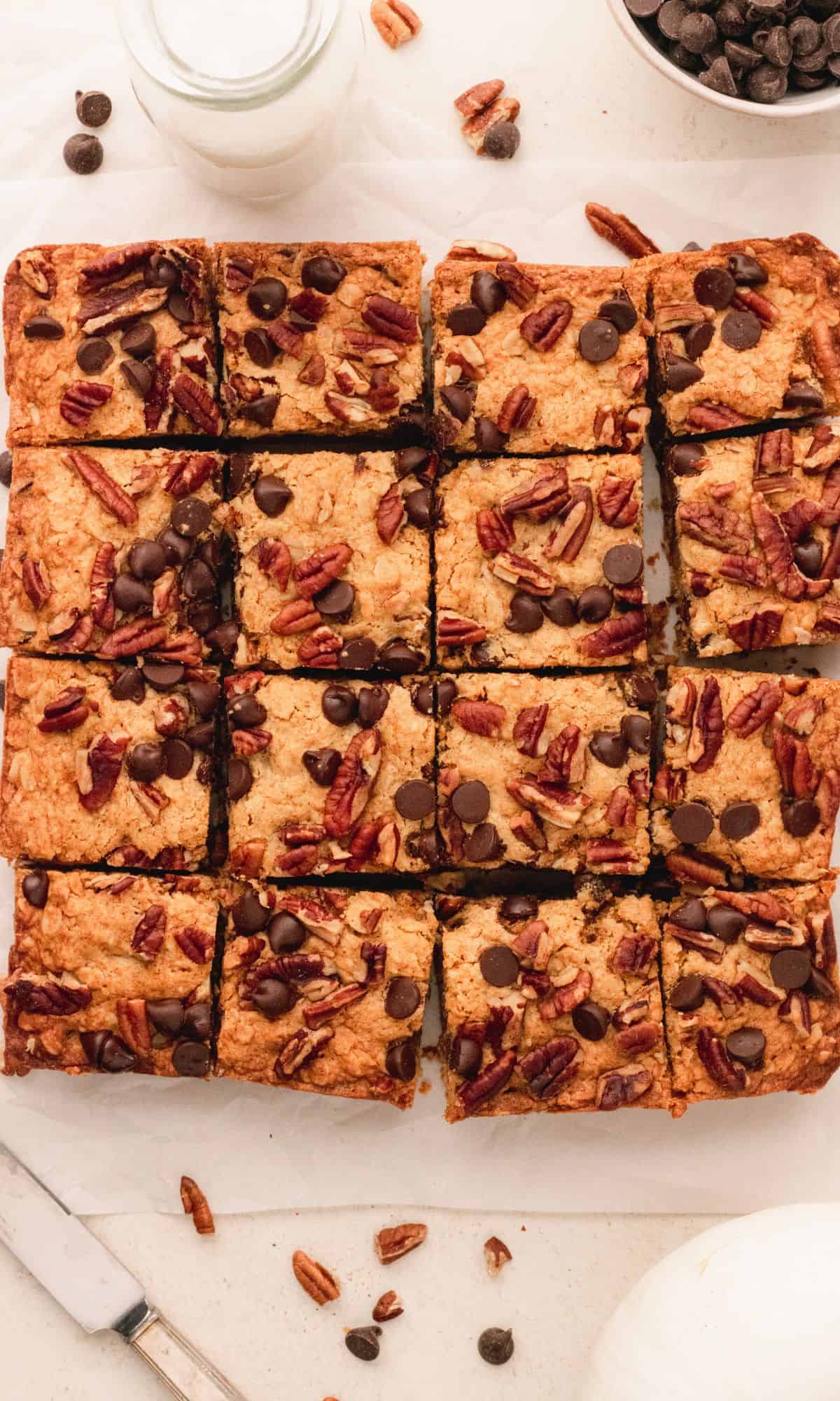 Baked pumpkin oatmeal bars sliced into squares.