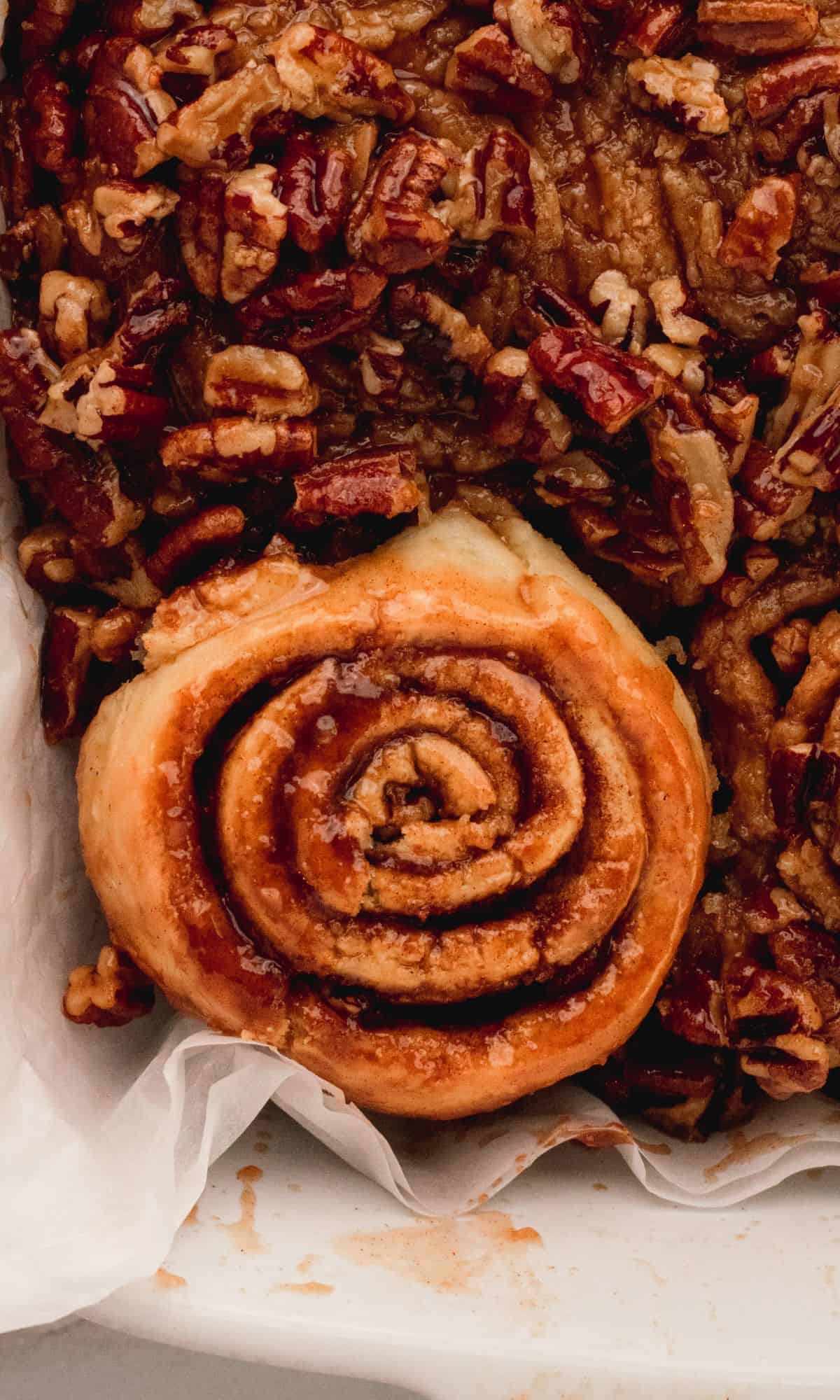Caramel pecan sticky buns in a white baking dish.