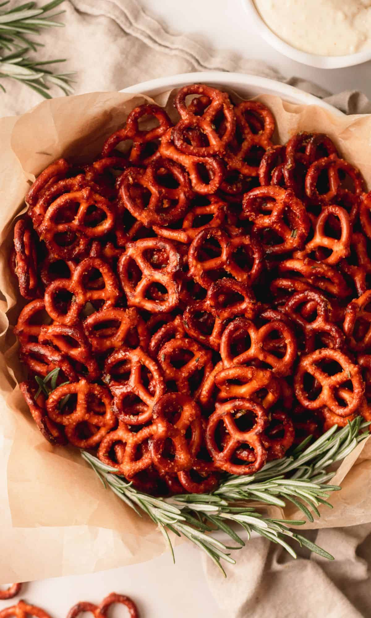 Sweet and Savory Pretzels on a white plate.