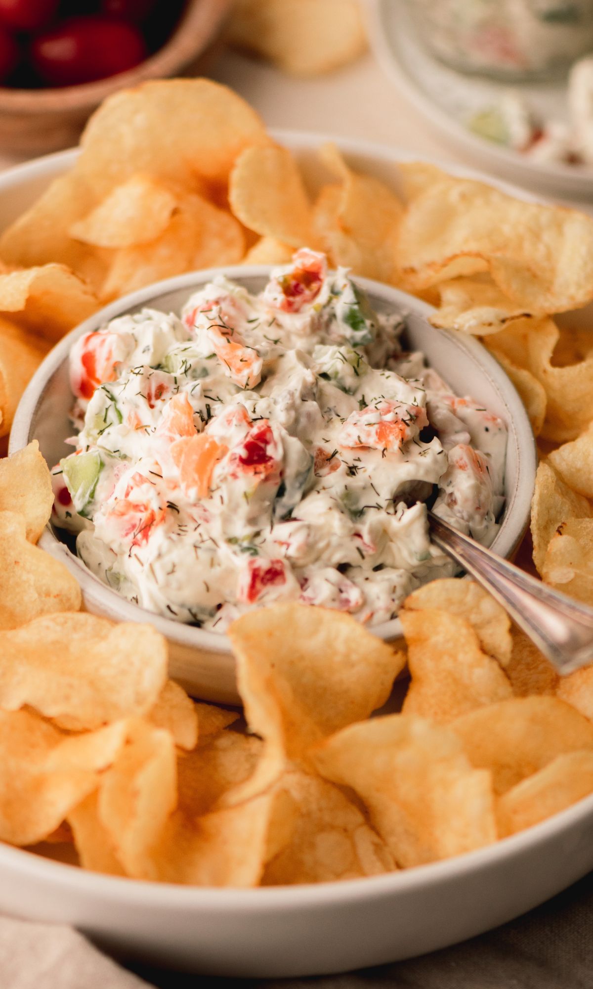 Smoked salmon dip in a white bowl surrounded by potato chips.