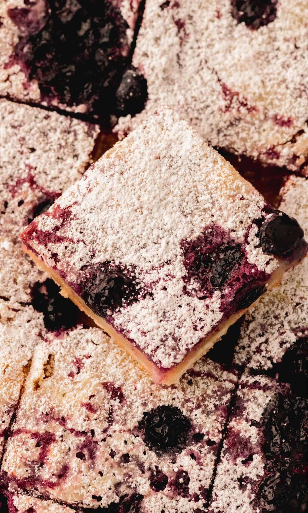 The top view of a blueberry lemon square dusted with powdered sugar.
