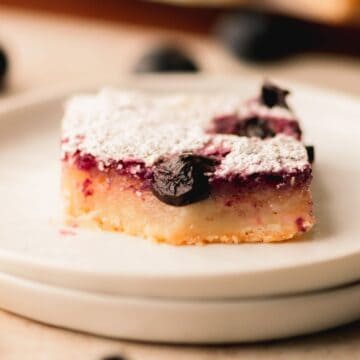A blueberry lemon square on a white plate.