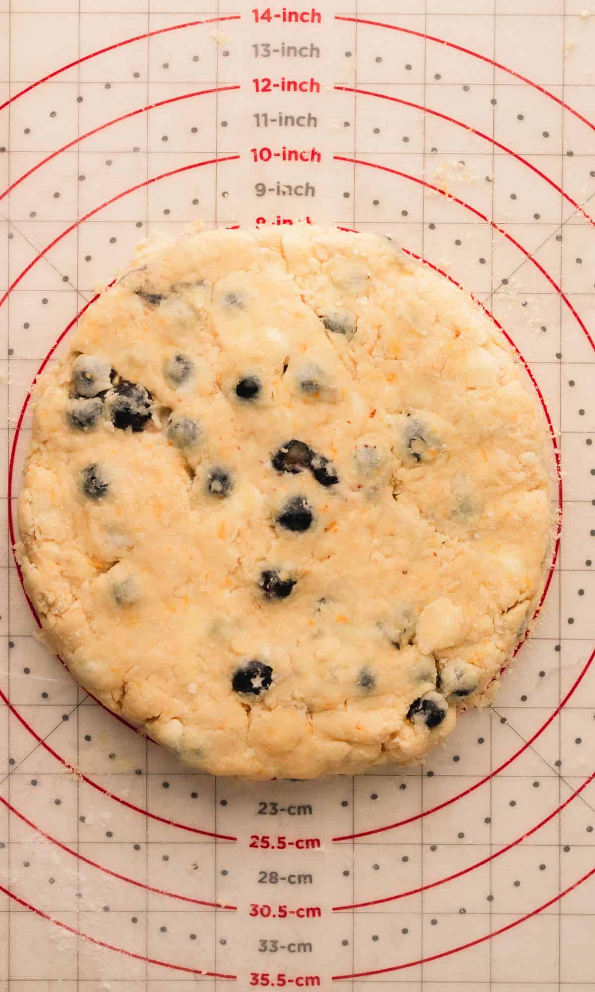 Blueberry scone dough before cutting into wedges.