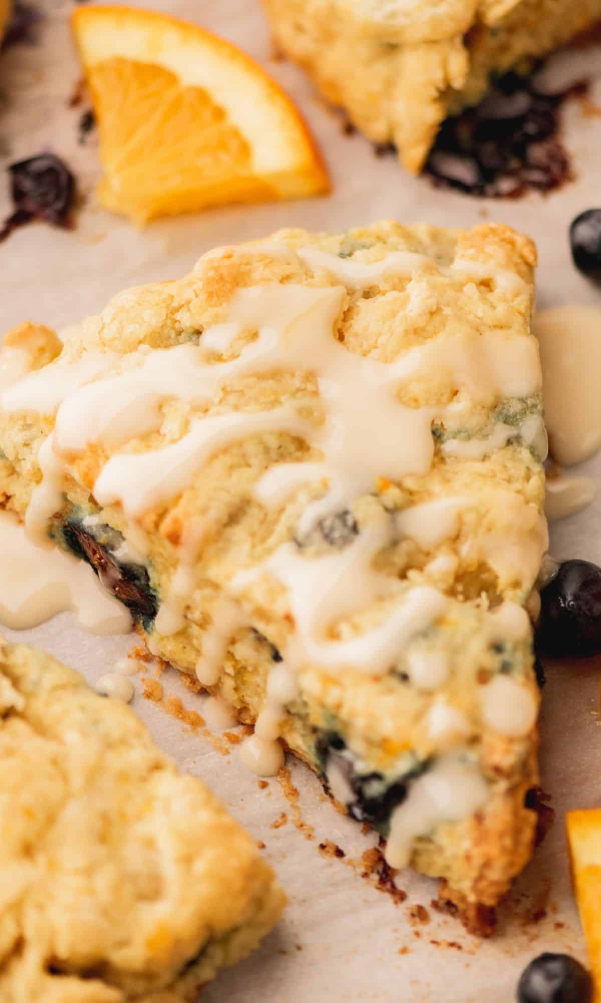 Blueberry scones on a baking sheet.