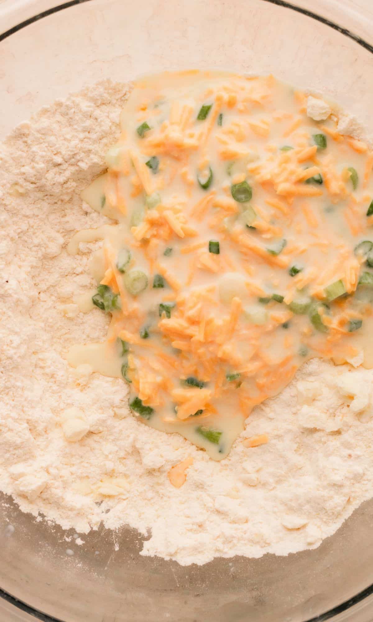 Mini cheddar scone dough preparation.