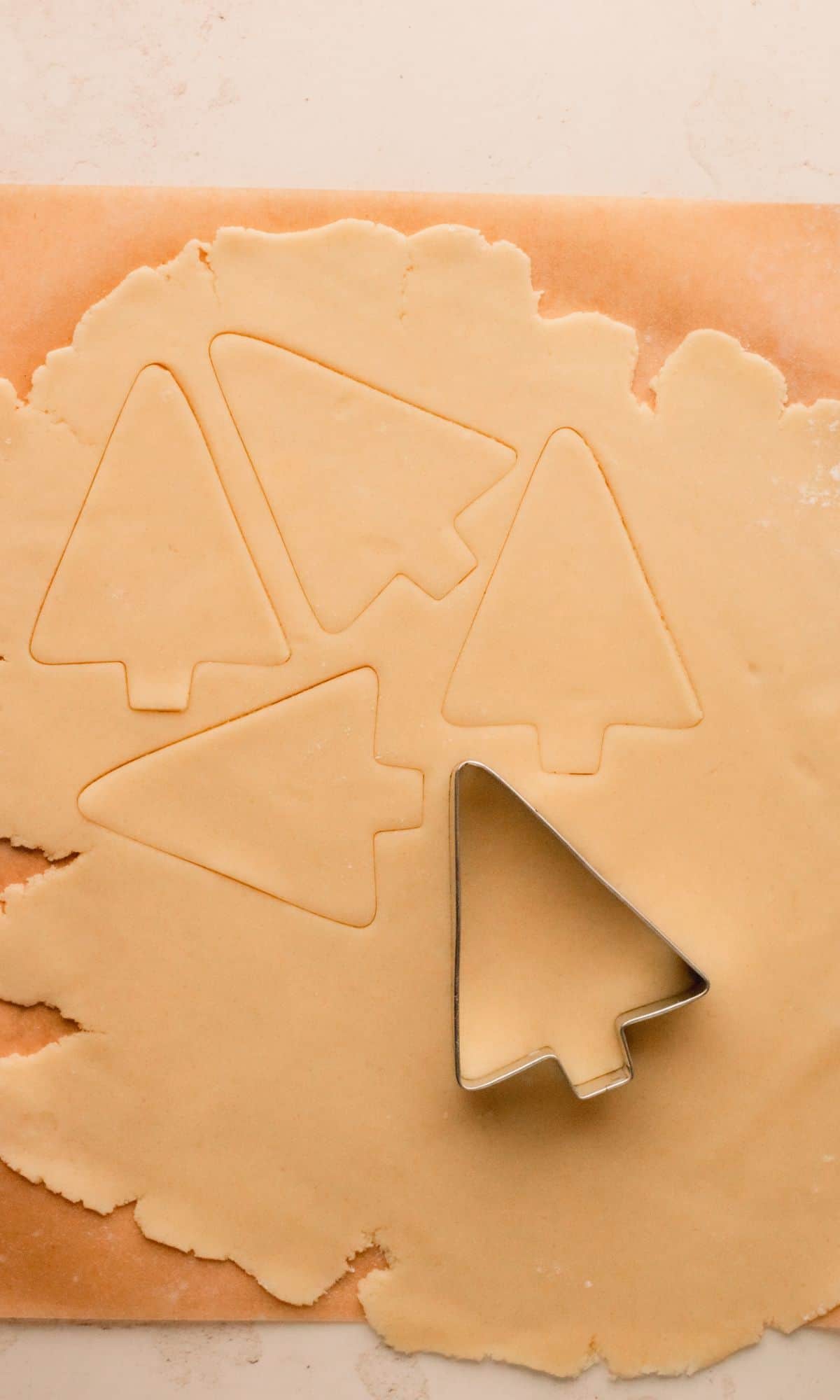 Christmas tree cookie dough rolled out with a cookie cutter.