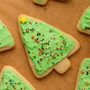 A Christmas tree cookie with green frosting and sprinkles.