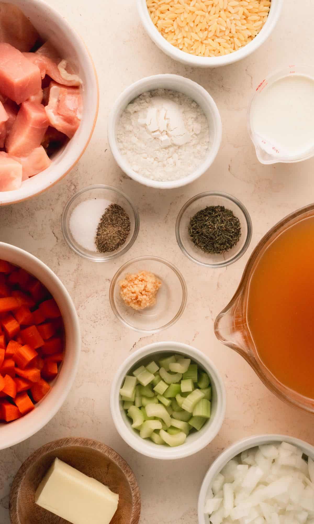 Chicken orzo soup ingredients.