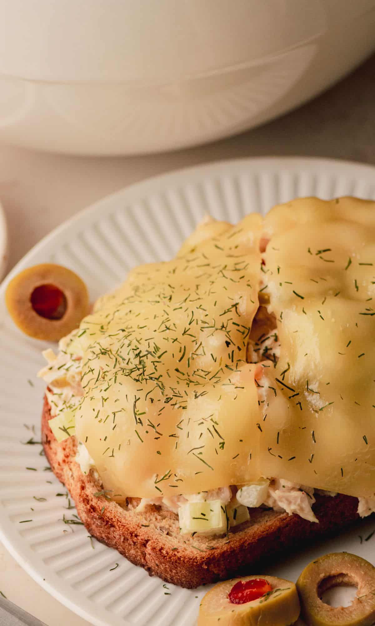 Tuna melt sandwich on a white plate.