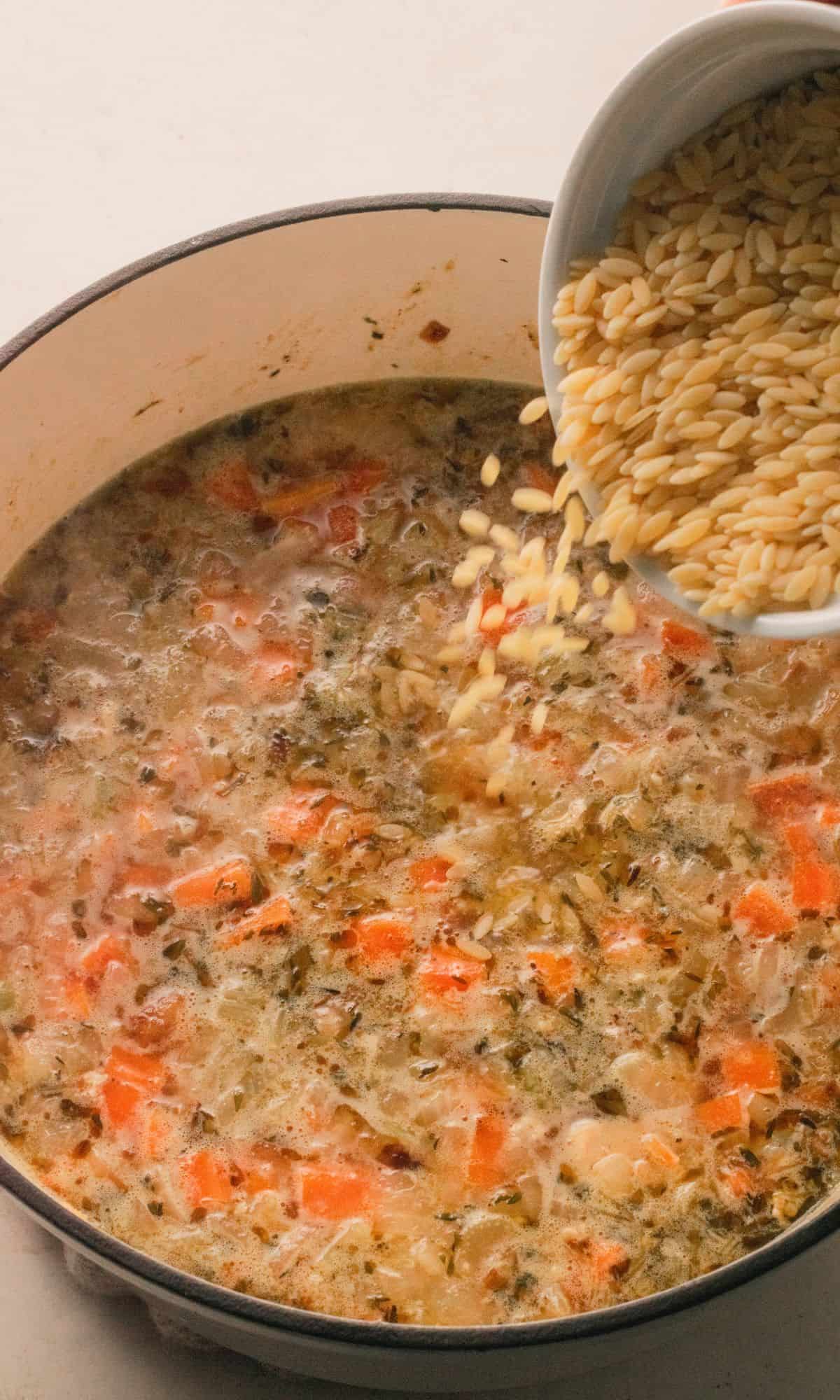 Chicken orzo soup preparation.