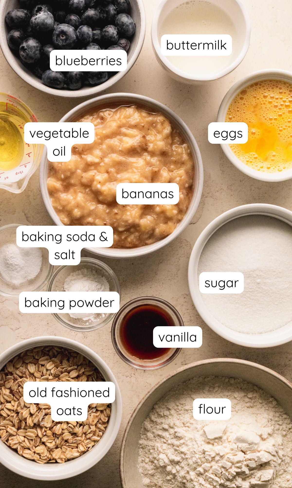 Ingredients for blueberry banana muffins.