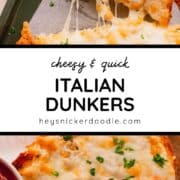 Cheesy topped bread dipped in marinara.