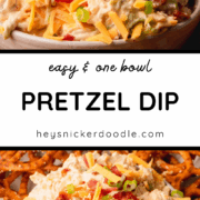 Pretzel dip in a bowl with pretzel twists scattered around.