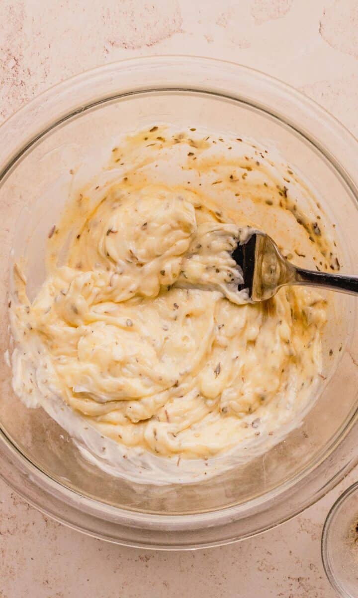 Softened butter mixed with garlic powder and Italian seasoning.