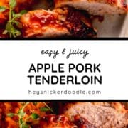 Sliced pork tenderloin on a plate with sweet potatoes and apples.