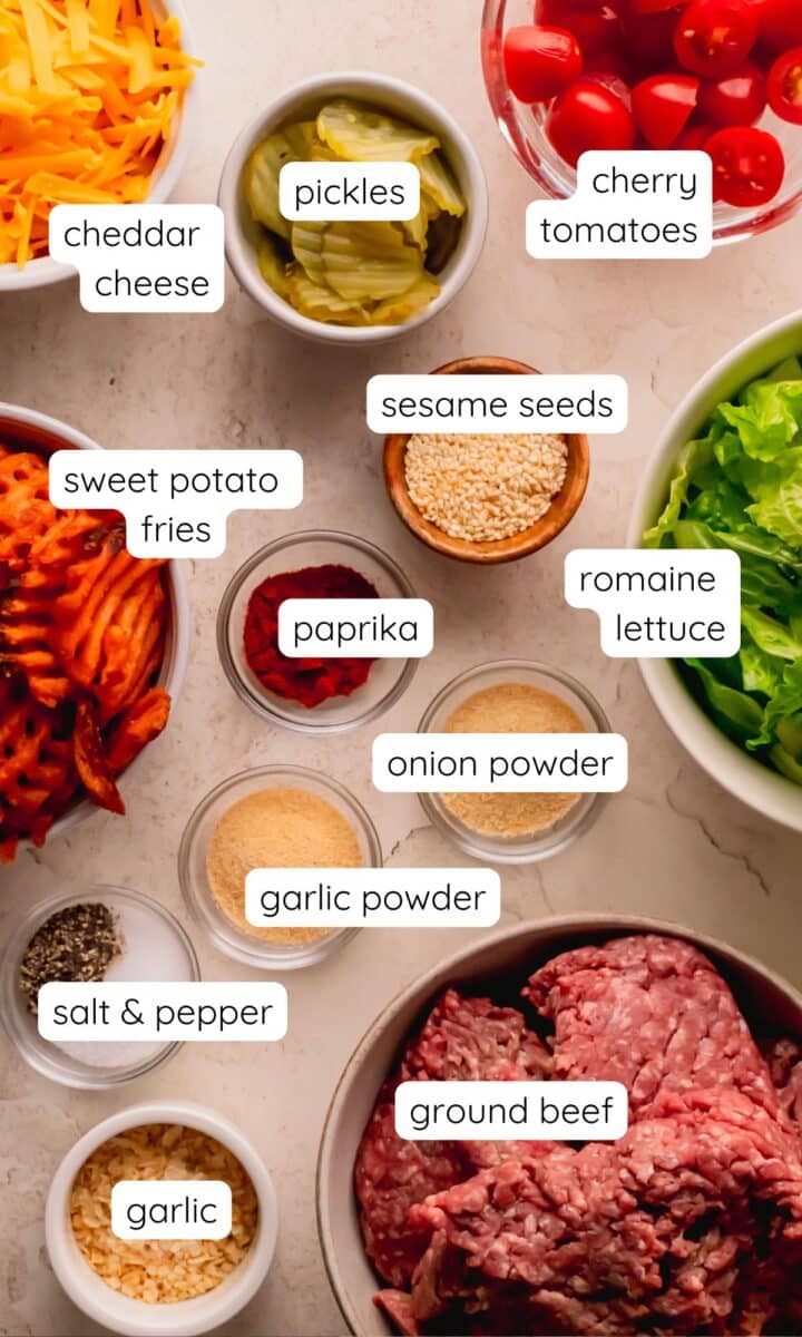 Cheeseburger in a bowl ingredients.