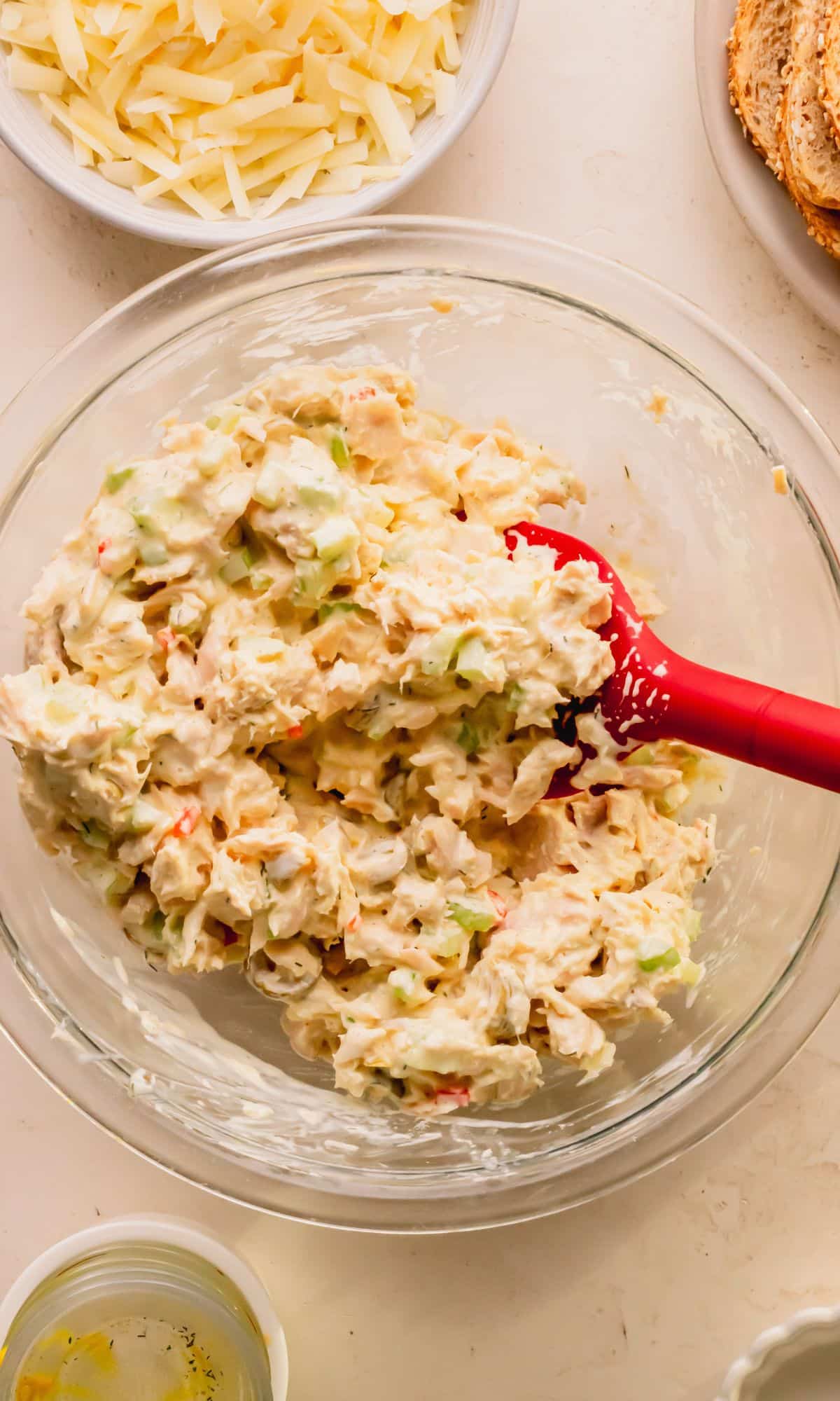 Tuna salad preparation.