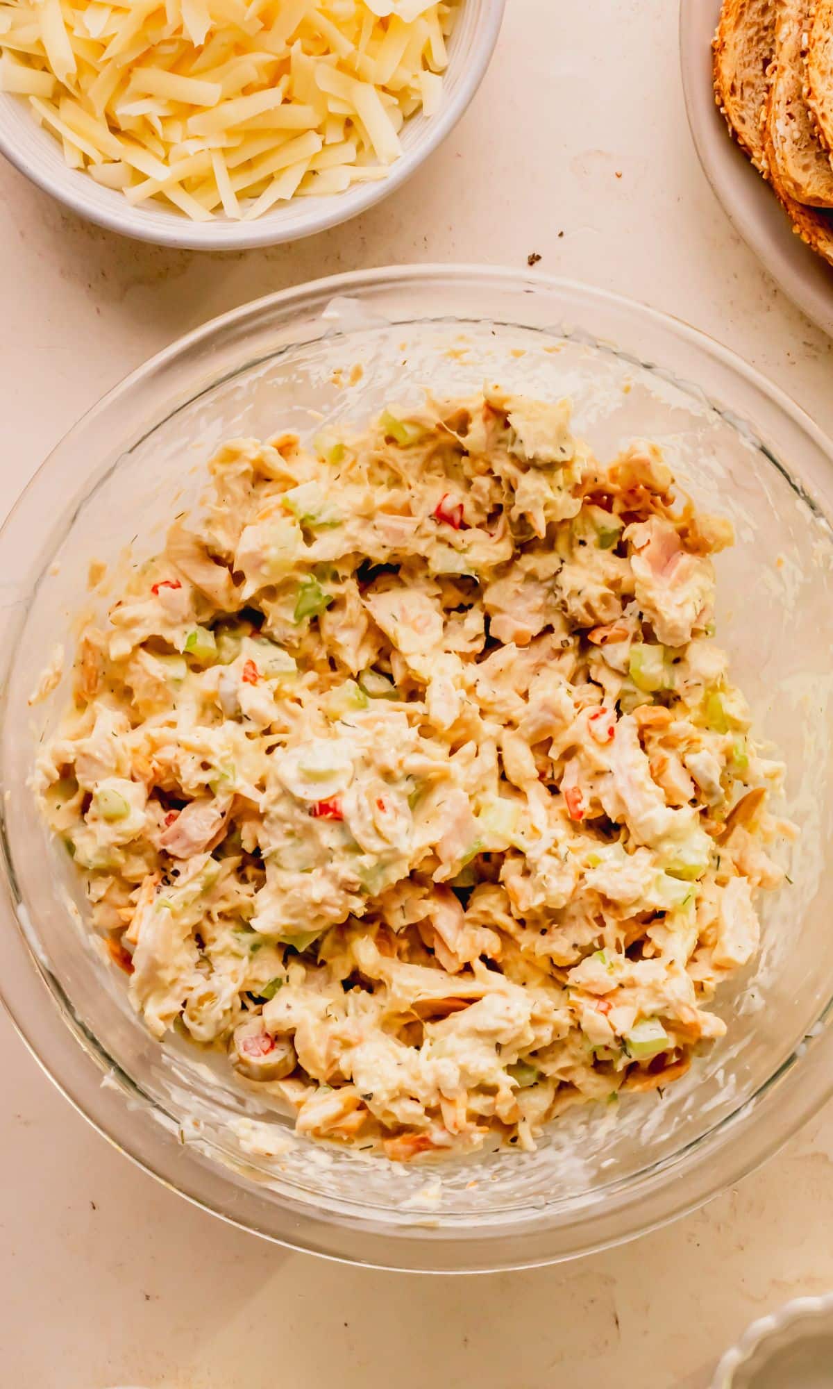 Tuna salad preparation.