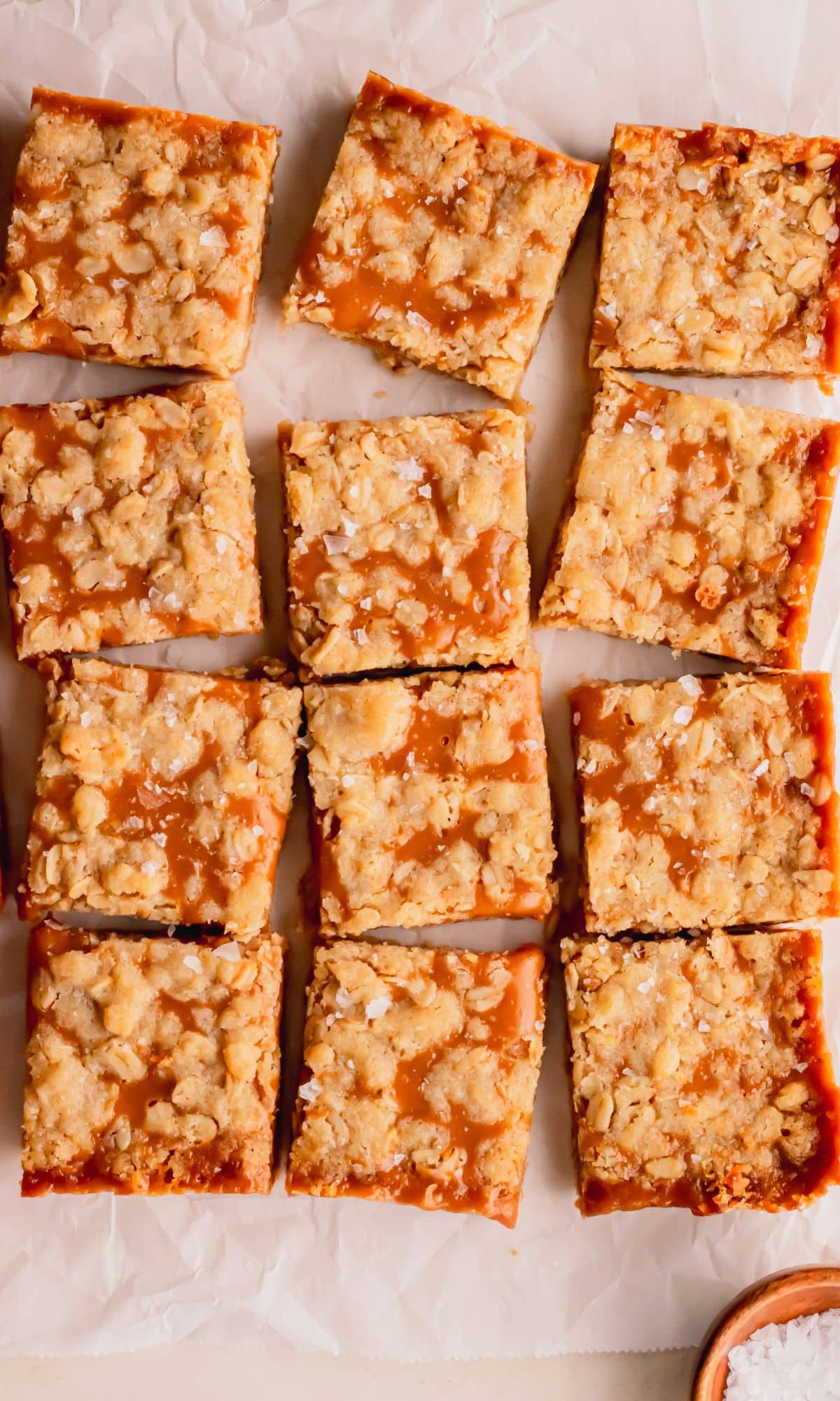 Caramel bars cut into squares.