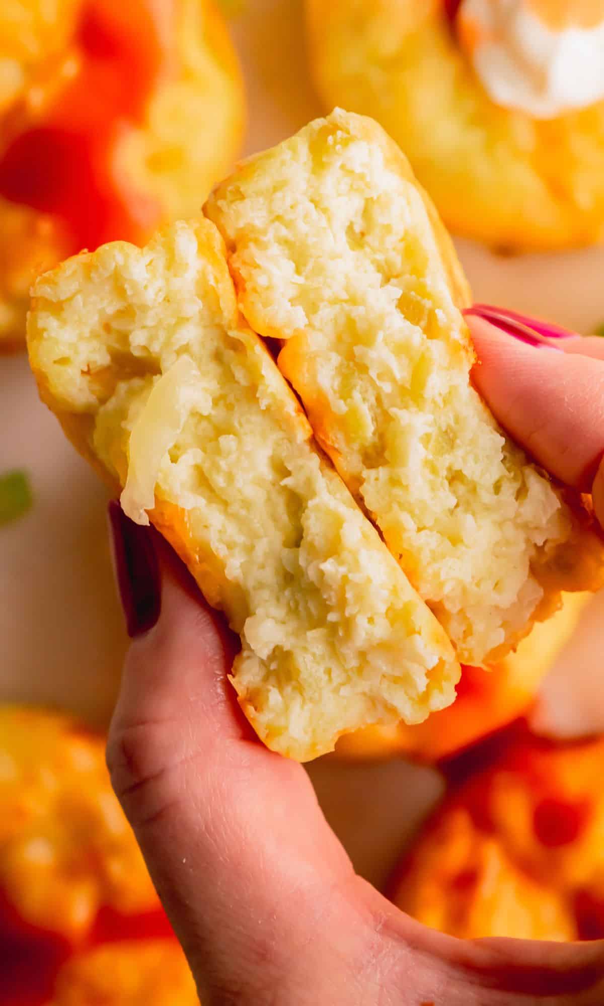 Two haves of an egg bite showing the center.