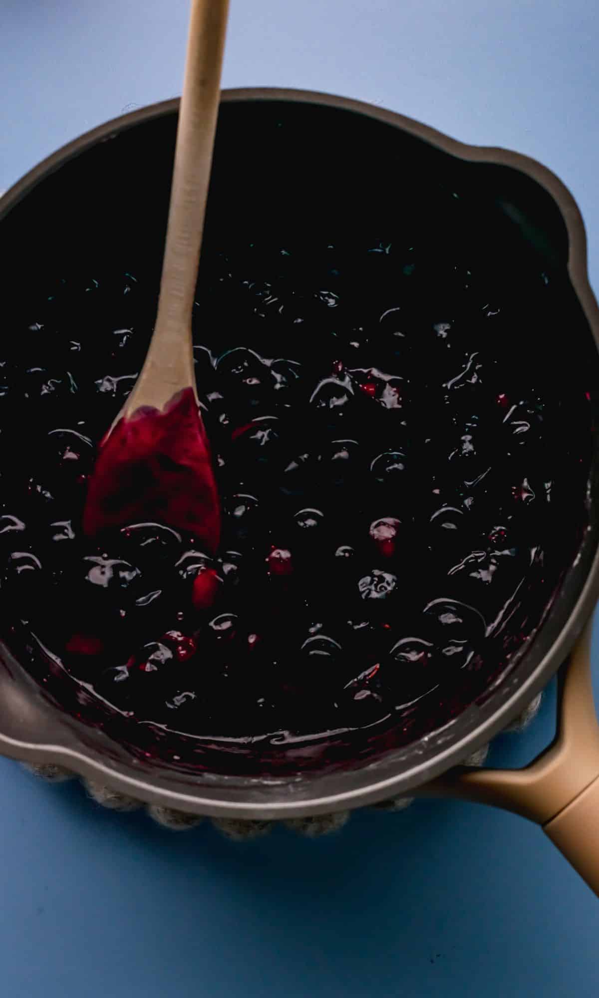 Blueberry mixture in a saucepan.