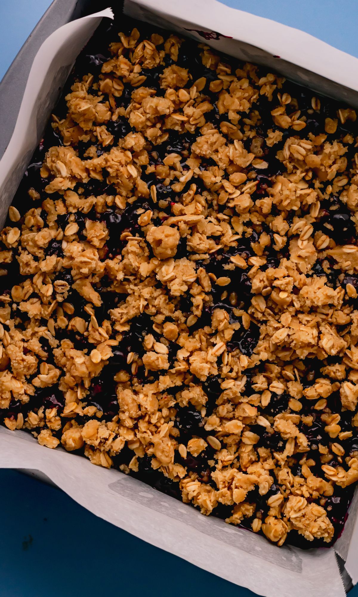 Blueberry oat bars before baking in the oven.