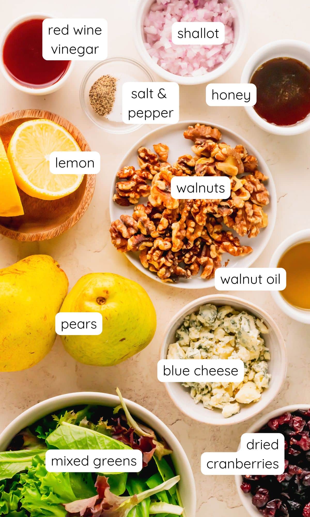 Pear blue cheese salad ingredients.