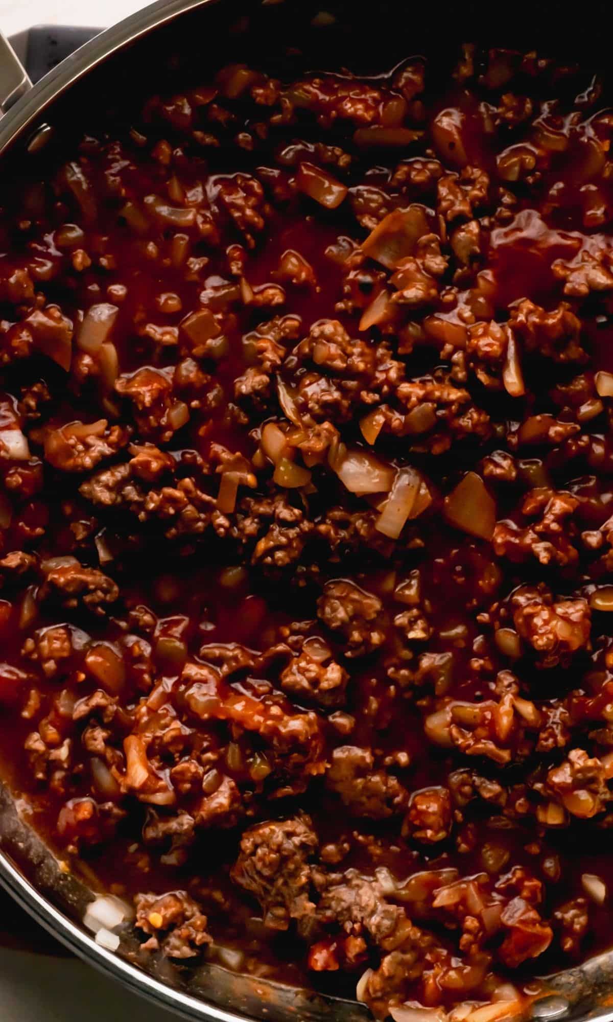 Sloppy joe mixture in a pan.