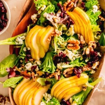 Overhead shot of pear blue cheese salad.
