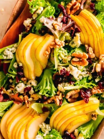 Overhead shot of pear blue cheese salad.