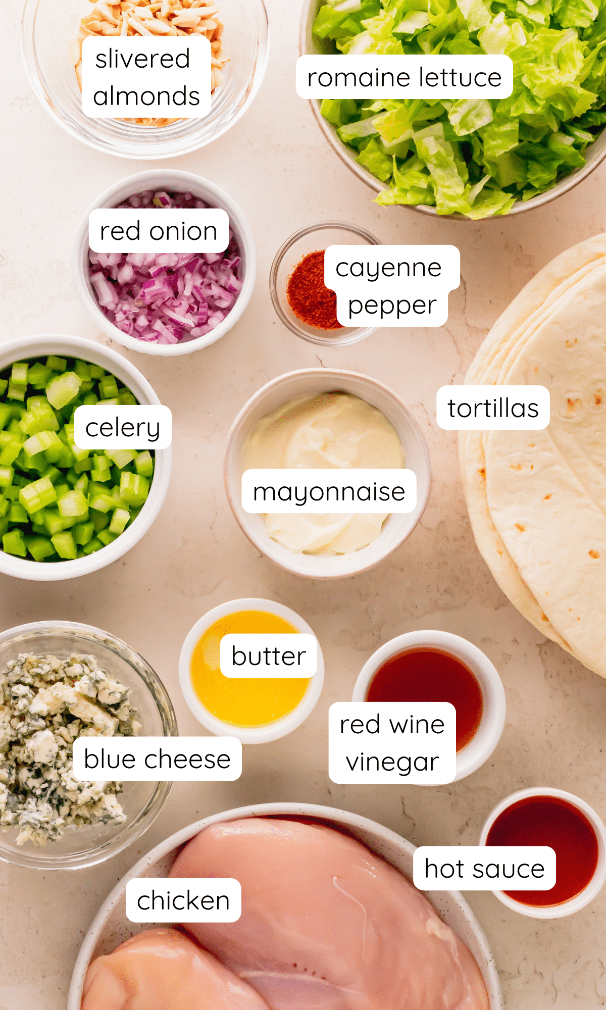 Buffalo chicken salad ingredients.